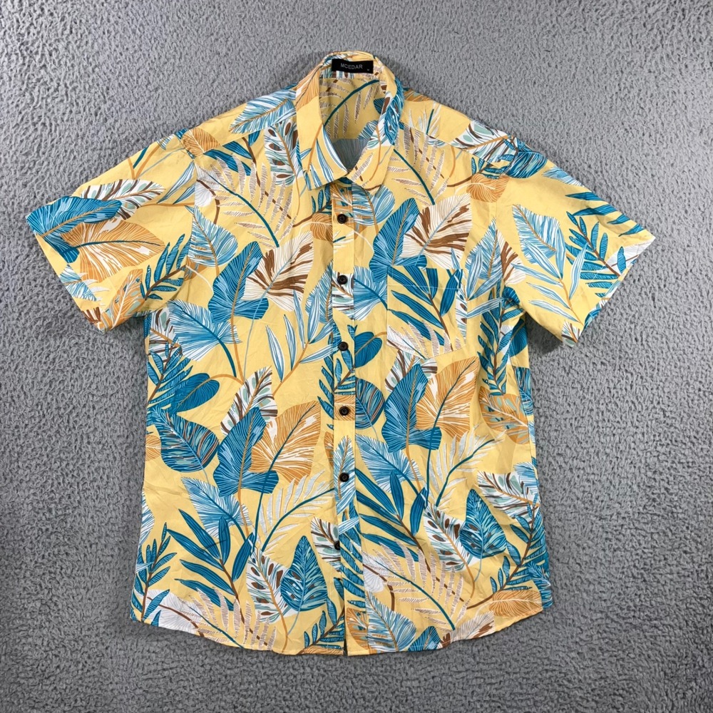 MCEDAR Hawaiian Shirt Men M Yellow Tropical Palm Leaf S/S Pocket Beach Resort